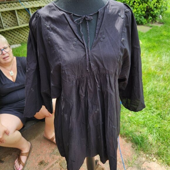 P284. Karl Lagerfeld Black Cotton Empire Waisted Blouse w/3/4-sleeves |S/M - Picture 1 of 3